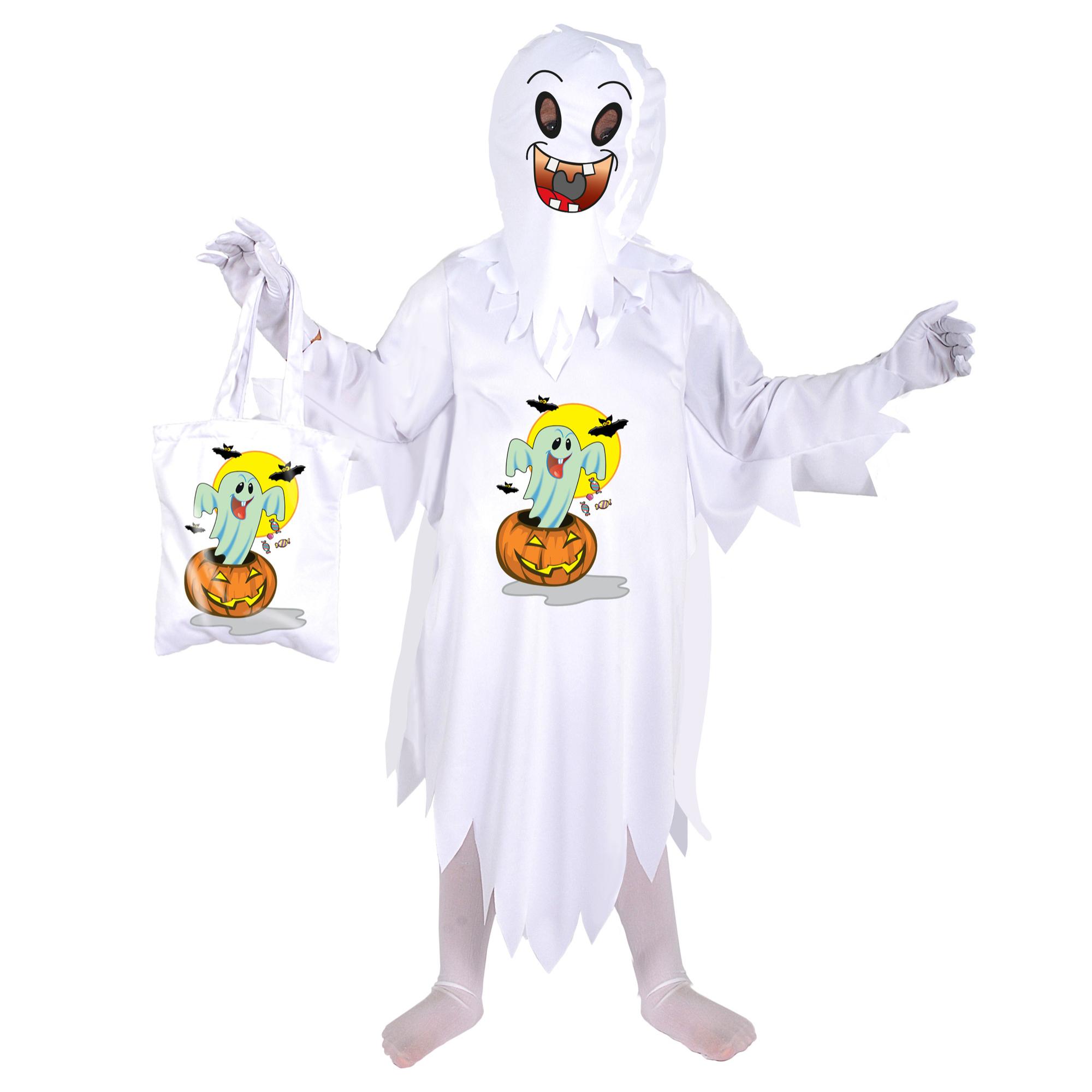 Costume Halloween Fantasmino Con Borsa Porta Dolcetti Bianco Bambino