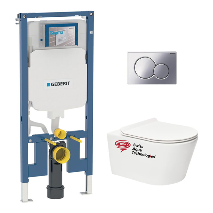 Duofix Pack Bâti-support extra-plat UP720 + WC sans bride SAT + Abattant SoftClose + Plaque Chromé brillant