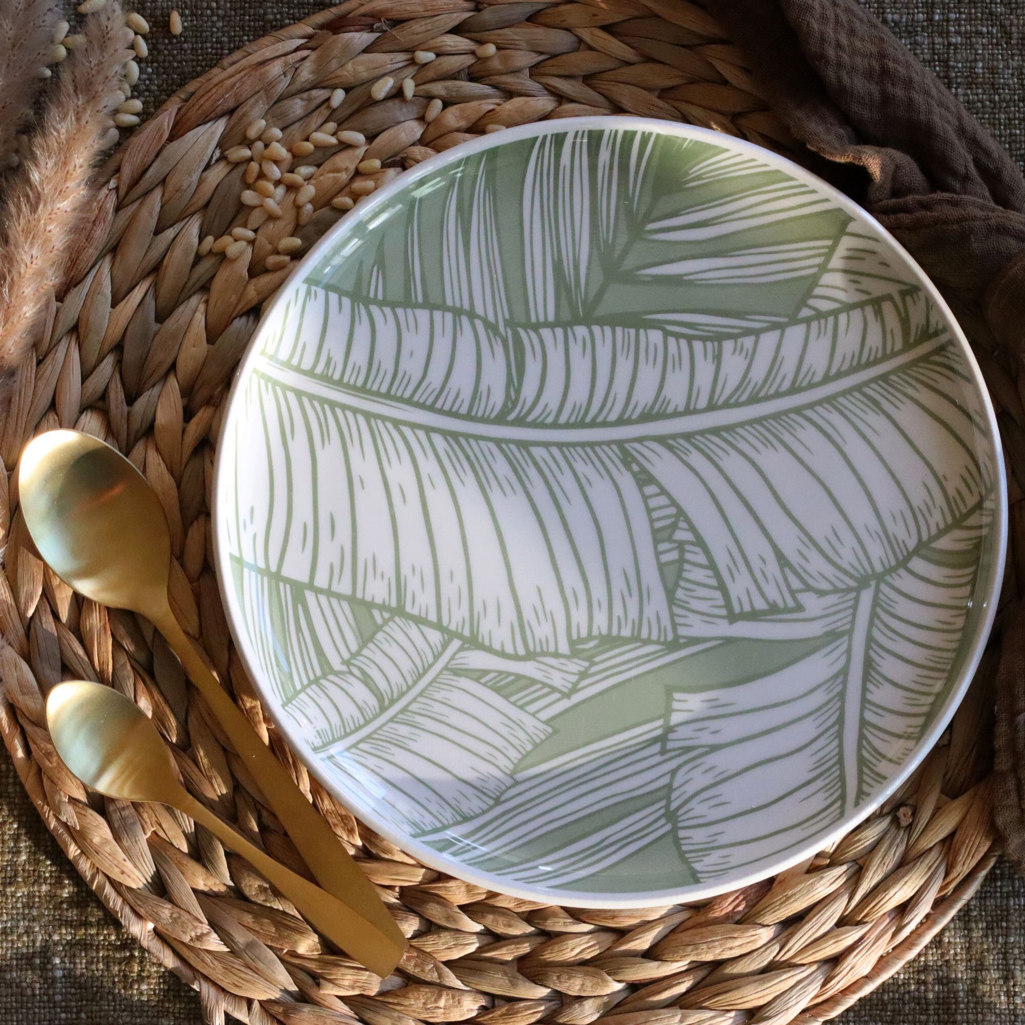 Lot de 6 assiettes plates 26cm en grès à motif vert LEAVES