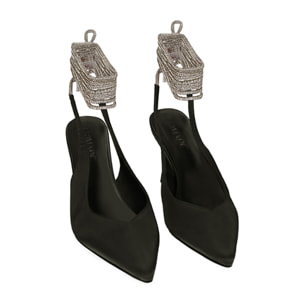 Décolleté slingback nere in raso, tacco 7,5 cm