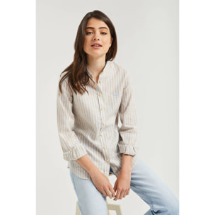 Camicia a righe con collo alla coreana e logo ricamato sul petto