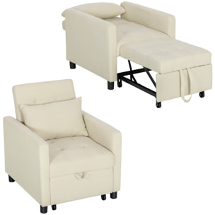 Sofá Cama de 1 Plaza 3 en 1, Sillón Cama Tapizado en Lino, con Respaldo Ajustable de 3 Niveles, Almohada Acolchada, para Oficina, Dormitorio, Salón, 69x82,5x84 cm, Beige