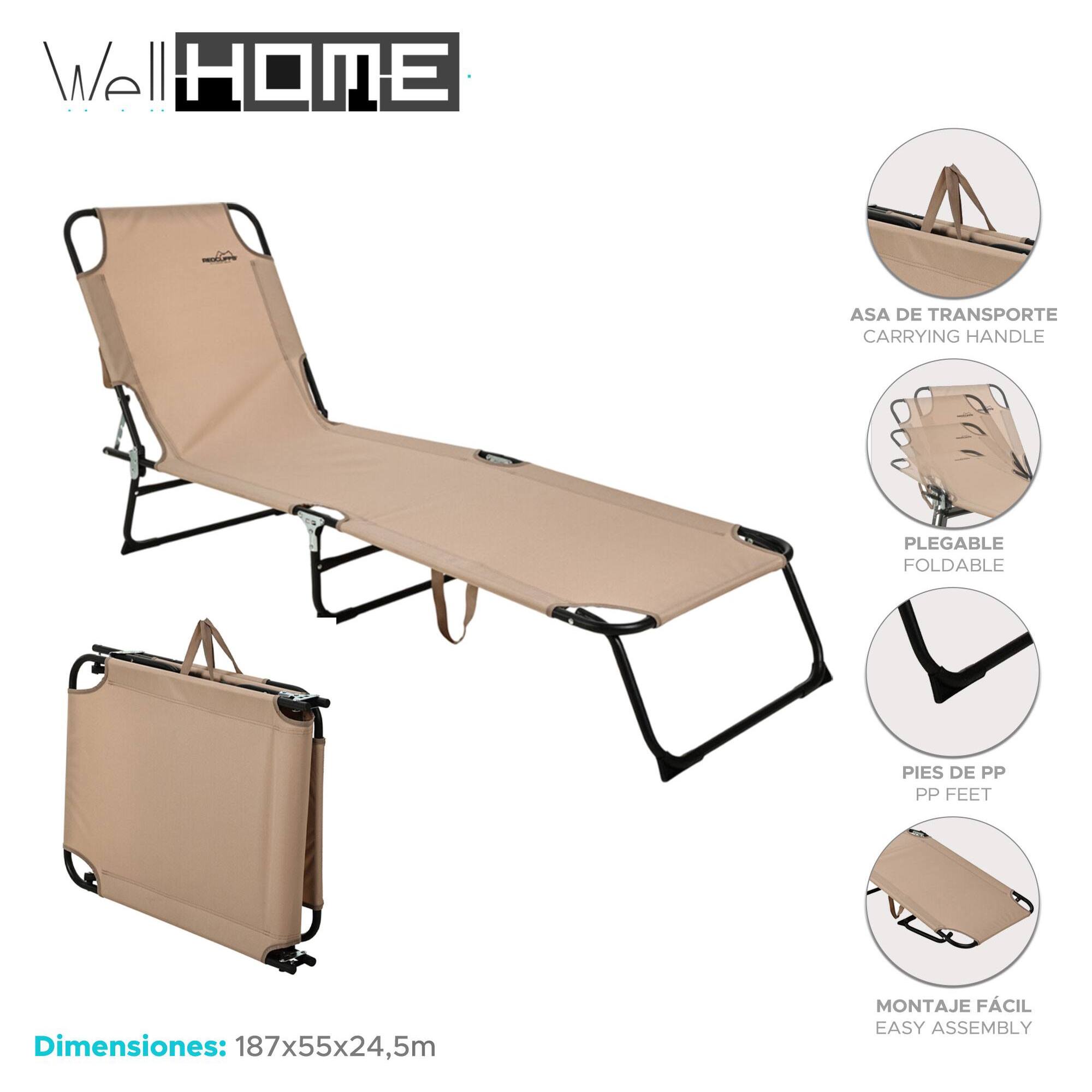Well Home Tumbona Plegable en Color Crema 187x55x24,5cm para Disfrutar al Aire Libre