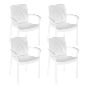 Regina - Set di 4 sedie da giardino in polyrattan impilabili. Sedie da pranzo con braccioli, poltrone da esterno colore bianco