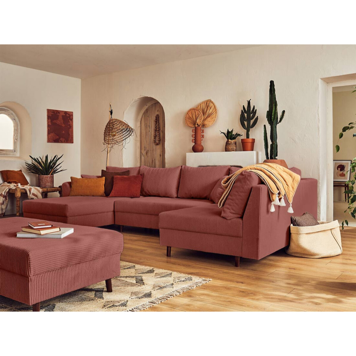 Rune - canapé panoramique d'angle droit - 7 places - avec pouf d'appoint - en velours côtelé - Terracotta