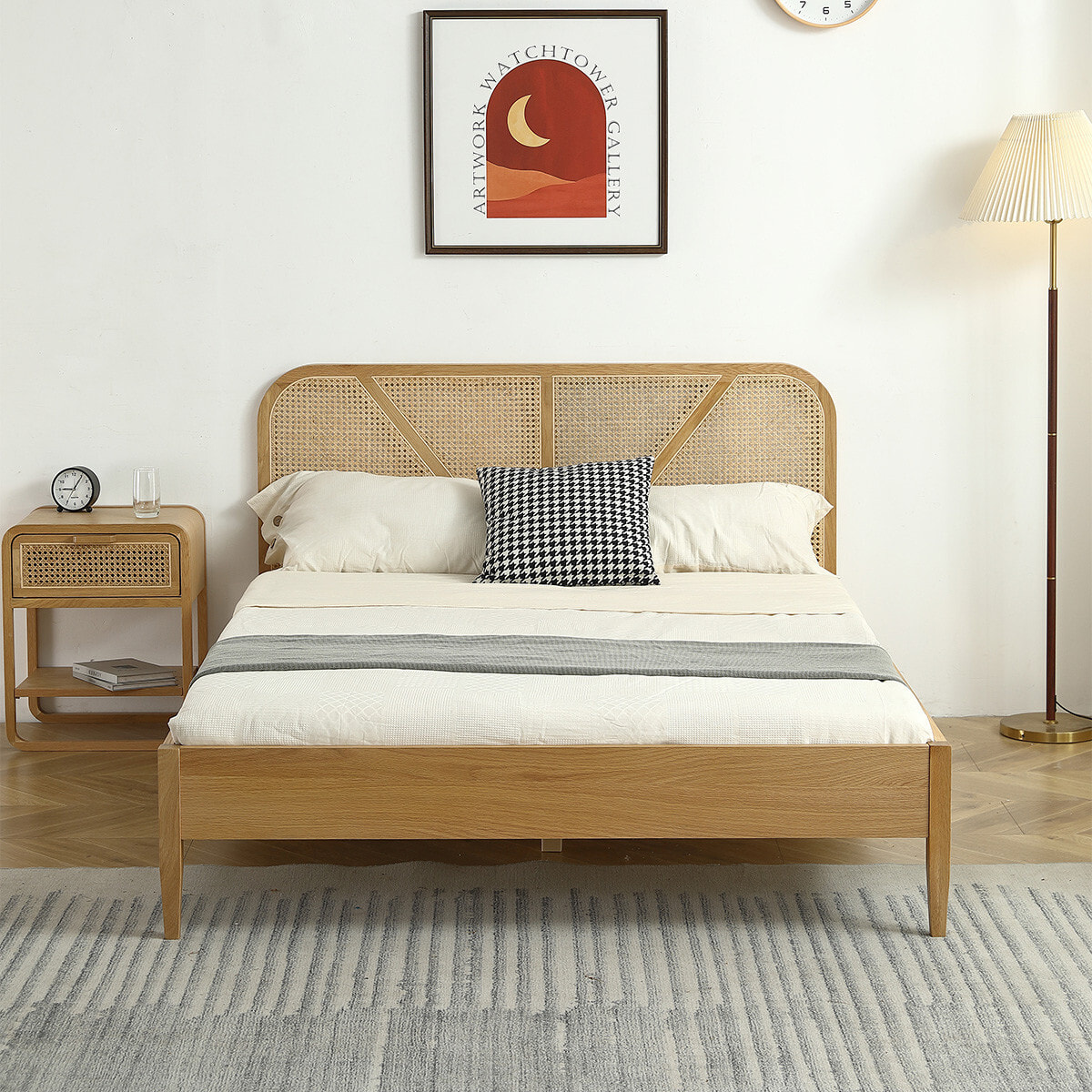 Pack lit en bois et cannage + Matelas mémoire de forme - LEONIE & MEMO HR