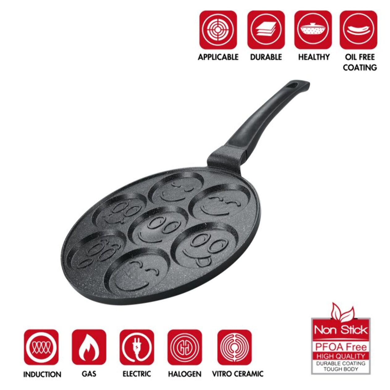 Poêle à crêpes et galettes avec 7 motifs smiley emoji 26cm Herzeberg HGCP267SML