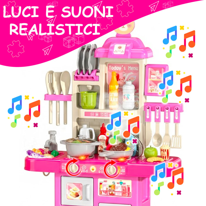 Cucina Giocattolo Per Bambini Con Luci E Suoni Realistici 69 Accessori Rubinetto Con Sistema Di Riciclo Dell'Acqua E Fornelli 3-5 Anni Rosa e Bianco