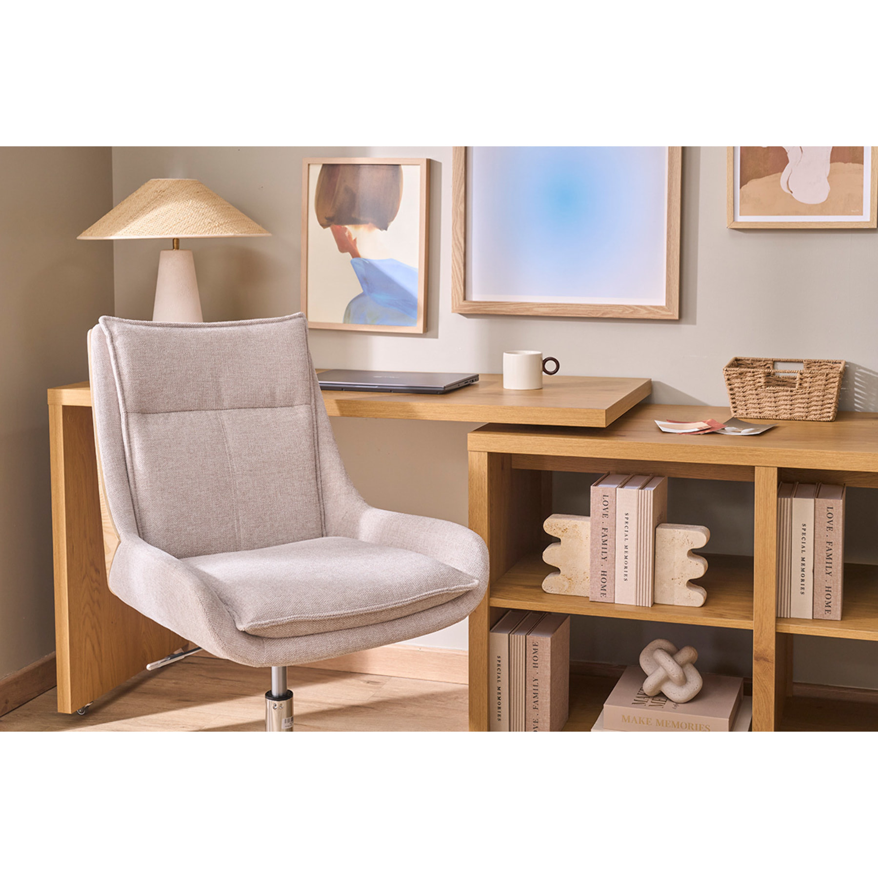 Chaise de bureau à roulettes en tissu effet velours texturé beige et métal chromé BLAISE