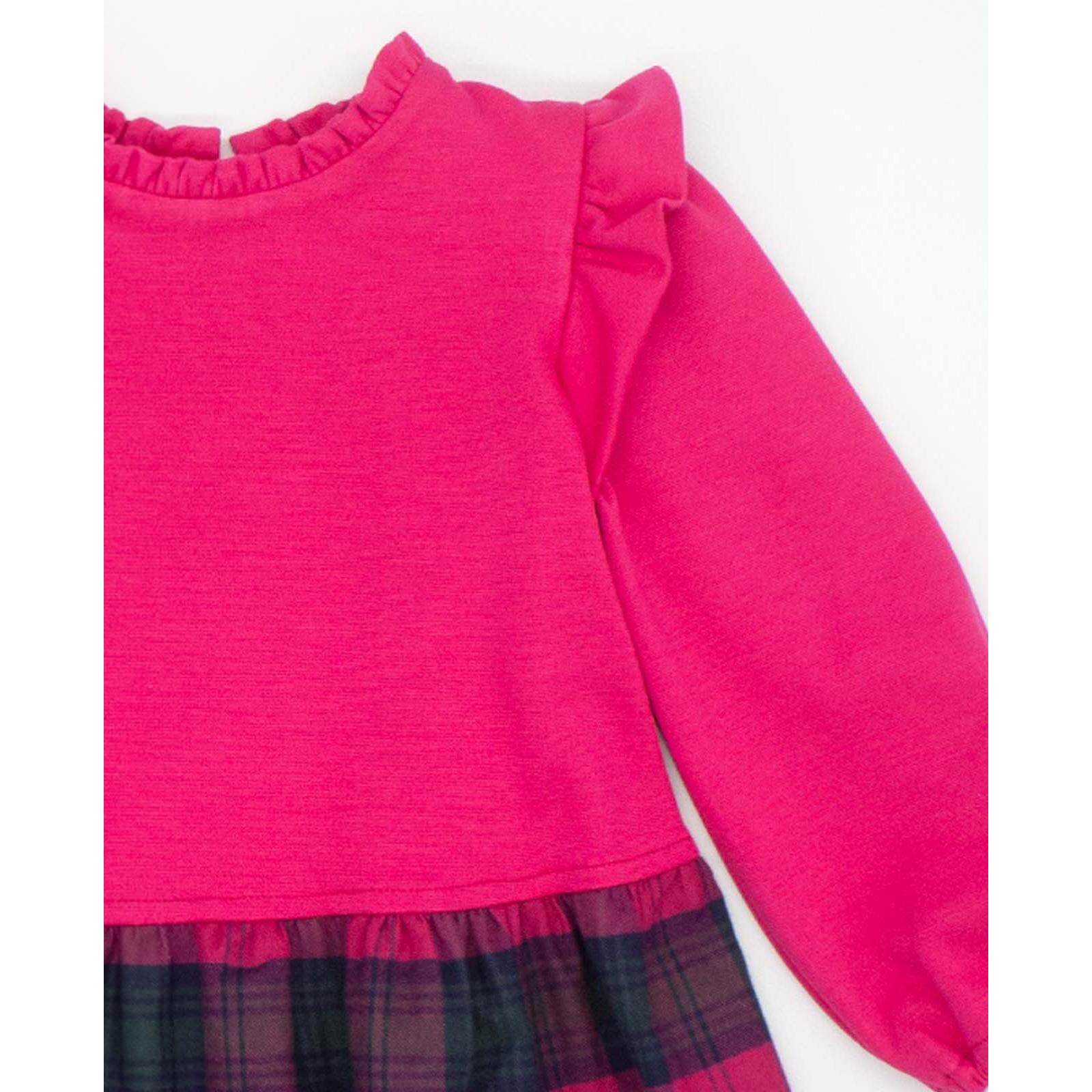 Vestido combinado punto roma con volantes y cuadros verdes y fucsia