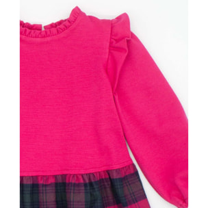 Vestido combinado punto roma con volantes y cuadros verdes y fucsia