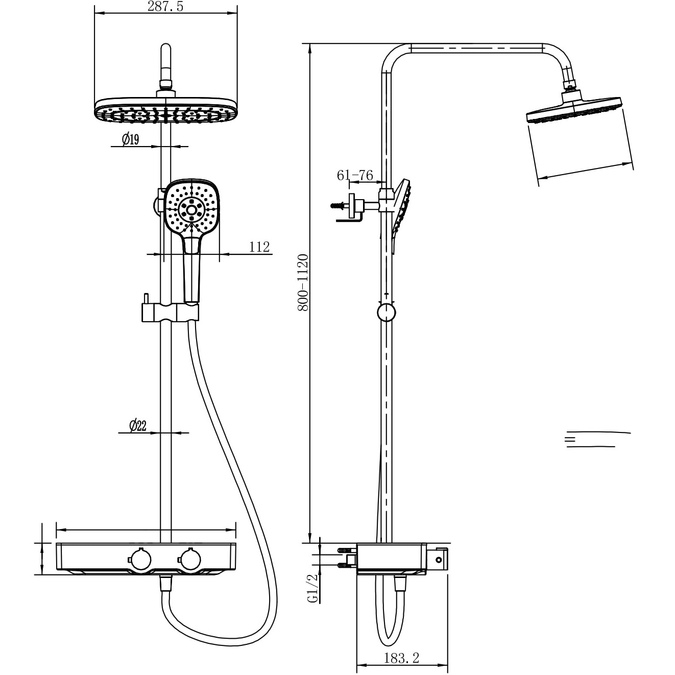 Colonne de douche avec mitigeur thermostatique, Tête de douche XXL 28.7cm, Barre réglable en hauteur, Blanc/Chrome (SATSSTHP)