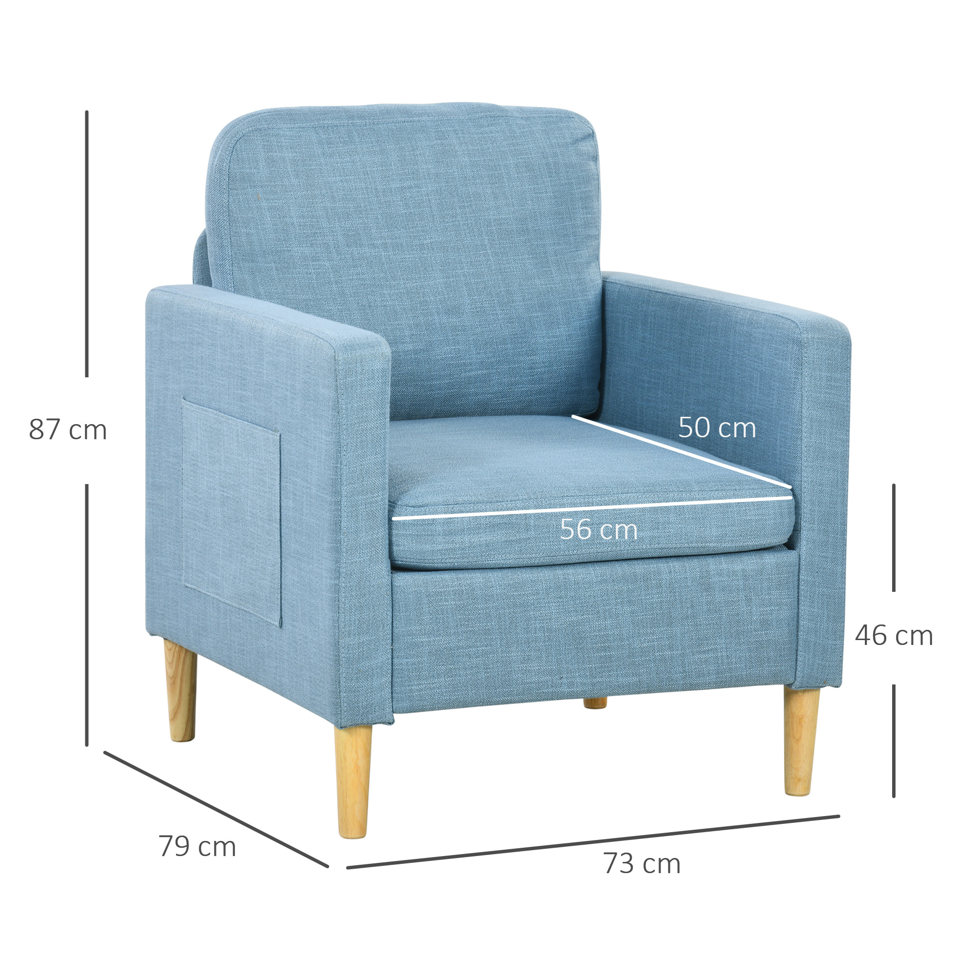 Butaca de Salón Sillón Relax con 2 Bolsillos Laterales Reposabrazos Asiento Acolchado y Patas de Madera Sofá Individual de Moderno para Dormitorio 73x79x87 cm Azul Claro