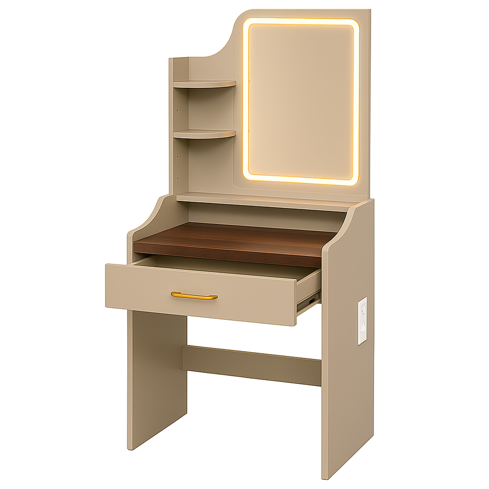 Afrodite - Toeletta Trucco con Luce LED Cassetto 3 Ripiani e Prese Postazione Make Up in Legno Tortora