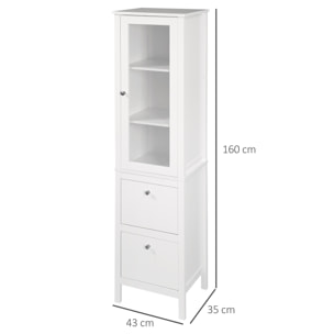 kleankin Armario Alto para Baño Mueble Columna de Baño con 1 Puerta de Cristal Estantes Ajustables y 2 Cajones Multiusos para Salón Cocina 43x35x160 cm Blanco