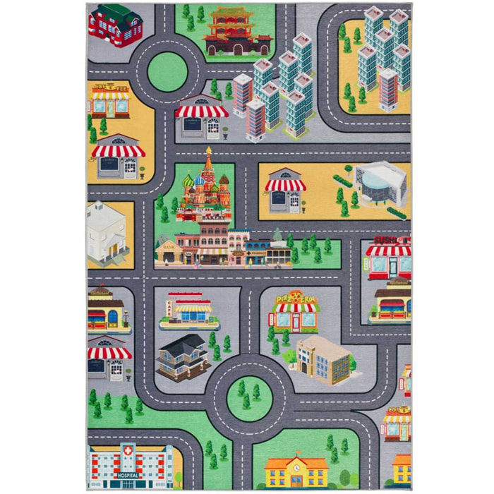 CANDY Alfombra infantil lavable con carreteras multicolor, 120x170 cm