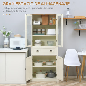 Alacena de Cocina Aparador de Comedor con 2 Puertas de Vidrio 1 Cajón y Baldas Ajustables Mueble Auxiliar de Cocina para Salón Antivuelco 76x40x182,5 cm Crema