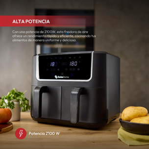 Freidroa de aire de 2100W y 2 Ollas de 3L con 8 Funciones, revestimiento antiadherente y pantalla LED SwissHome
