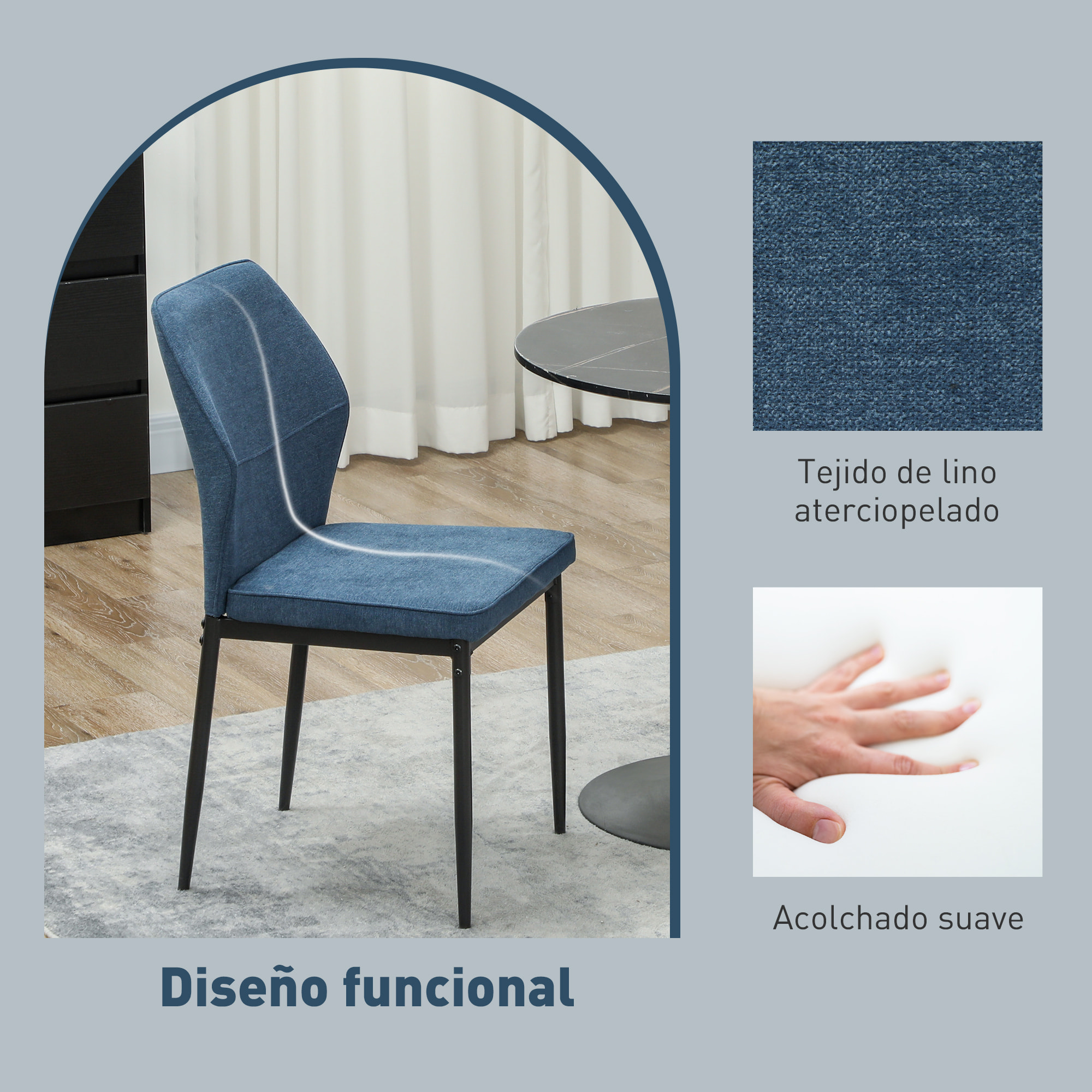Juego de 2 Sillas de Comedor Modernas Sillas de Cocina con Asiento Acolchado y Tapizado Respaldo Curvo Patas de Acero para Salón Dormitorio Azul