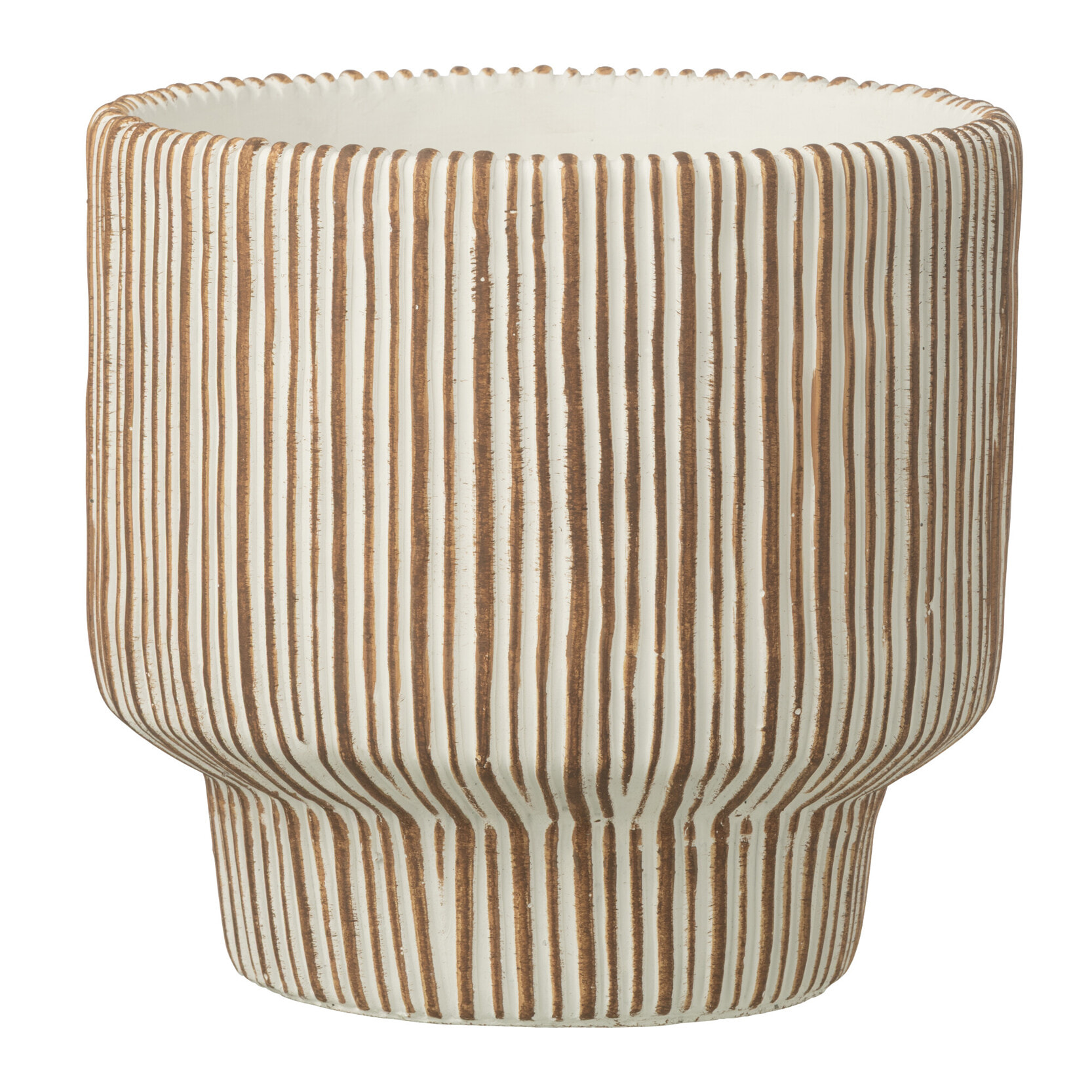 J-Line Cache-pot Rond Ligné - ciment - blanc/marron foncé - large