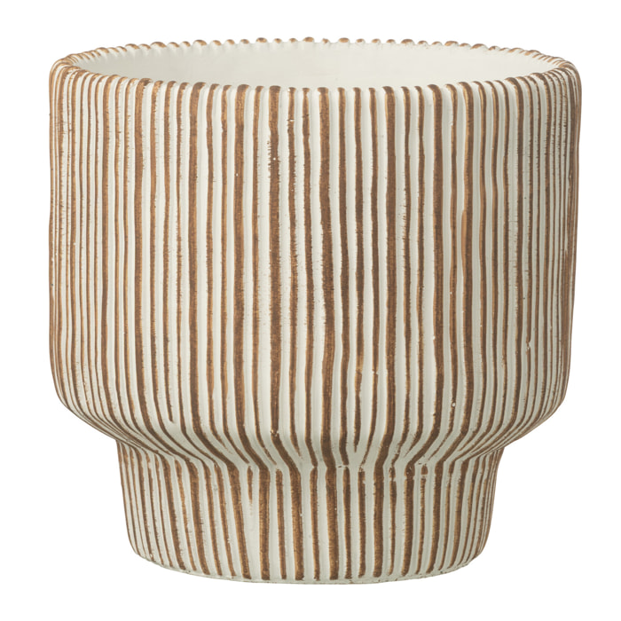 J-Line Cache-pot Rond Ligné - ciment - blanc/marron foncé - large
