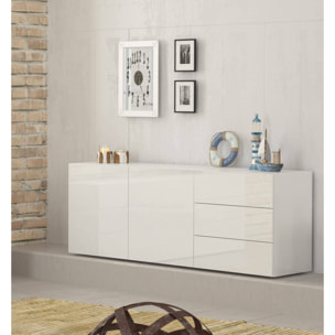 Credenza moderna a 2 ante e 3 cassetti, Made in Italy, Madia da cucina, Buffet di design da soggiorno, cm 170x40h35, colore Bianco lucido