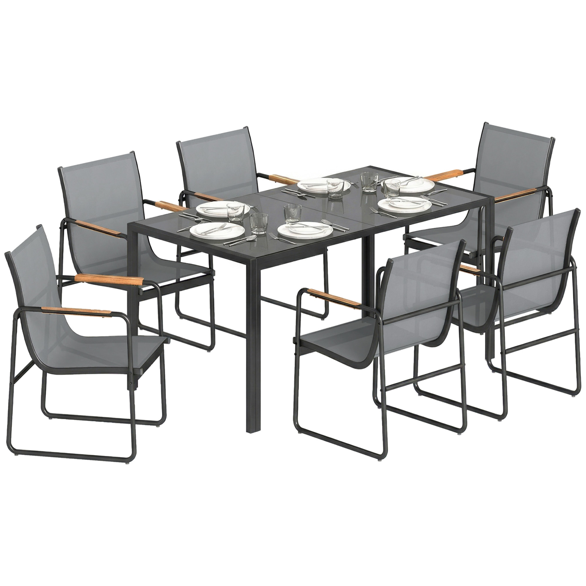 Conjunto de Mesa y Sillas Jardín de 7 Piezas, Muebles Jardín Exterior con Mesa de Vidrio Templado, 6 Sillas Transpirables Decorativas, Marco de Acero Resistente a la Intemperie, Gris