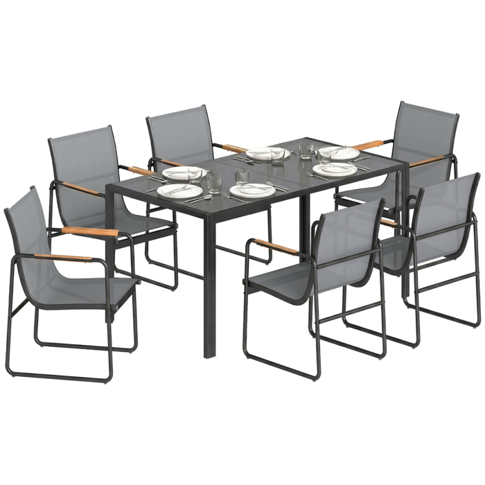Conjunto de Mesa y Sillas Jardín de 7 Piezas, Muebles Jardín Exterior con Mesa de Vidrio Templado, 6 Sillas Transpirables Decorativas, Marco de Acero Resistente a la Intemperie, Gris