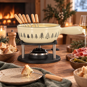 Fondue montagne 1.9l en fonte crème avec 6 fourchettes