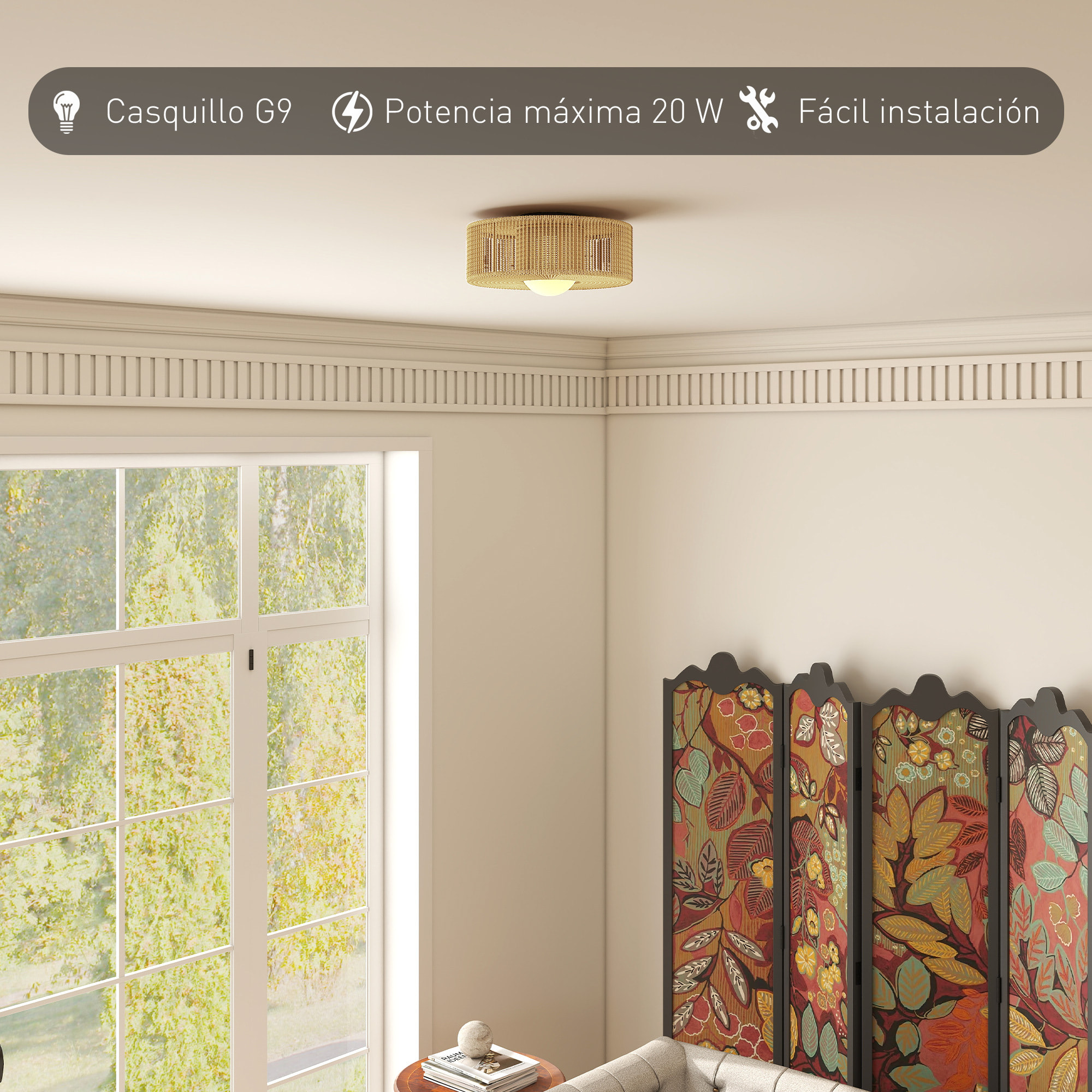 Lámpara de Techo con Bombilla LED G9, 20W, 3000 K, Plafón LED Techo Bohemio con Pantalla de Cuerda de Lino para Dormitorio, Salón, Cocina y Comedor, Marrón Claro