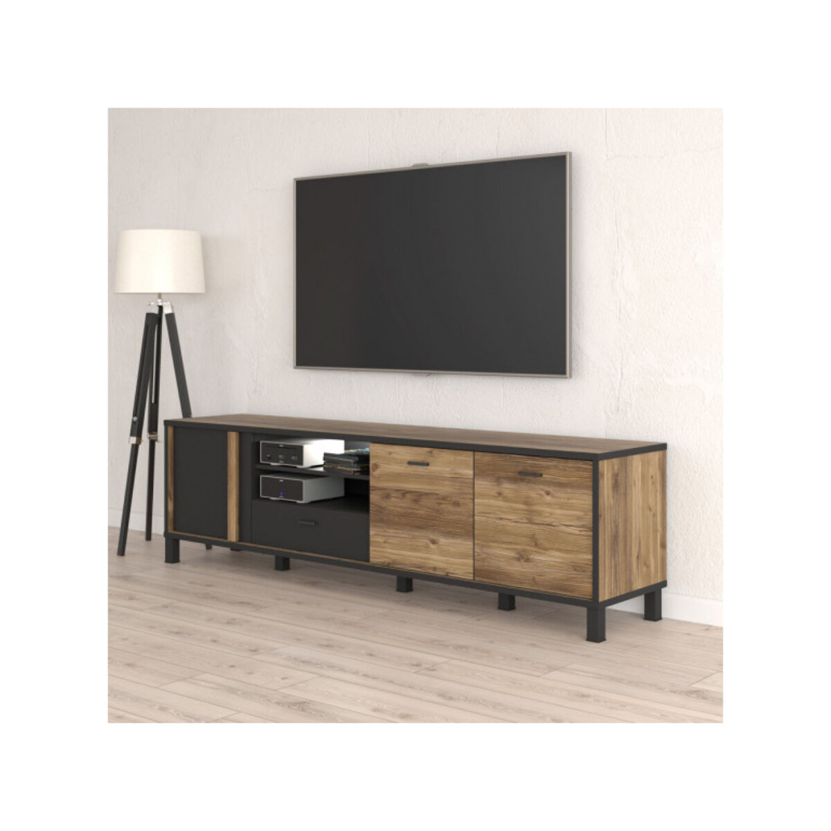 Meuble TV 200 cm bois effet chêne et noir - YAL