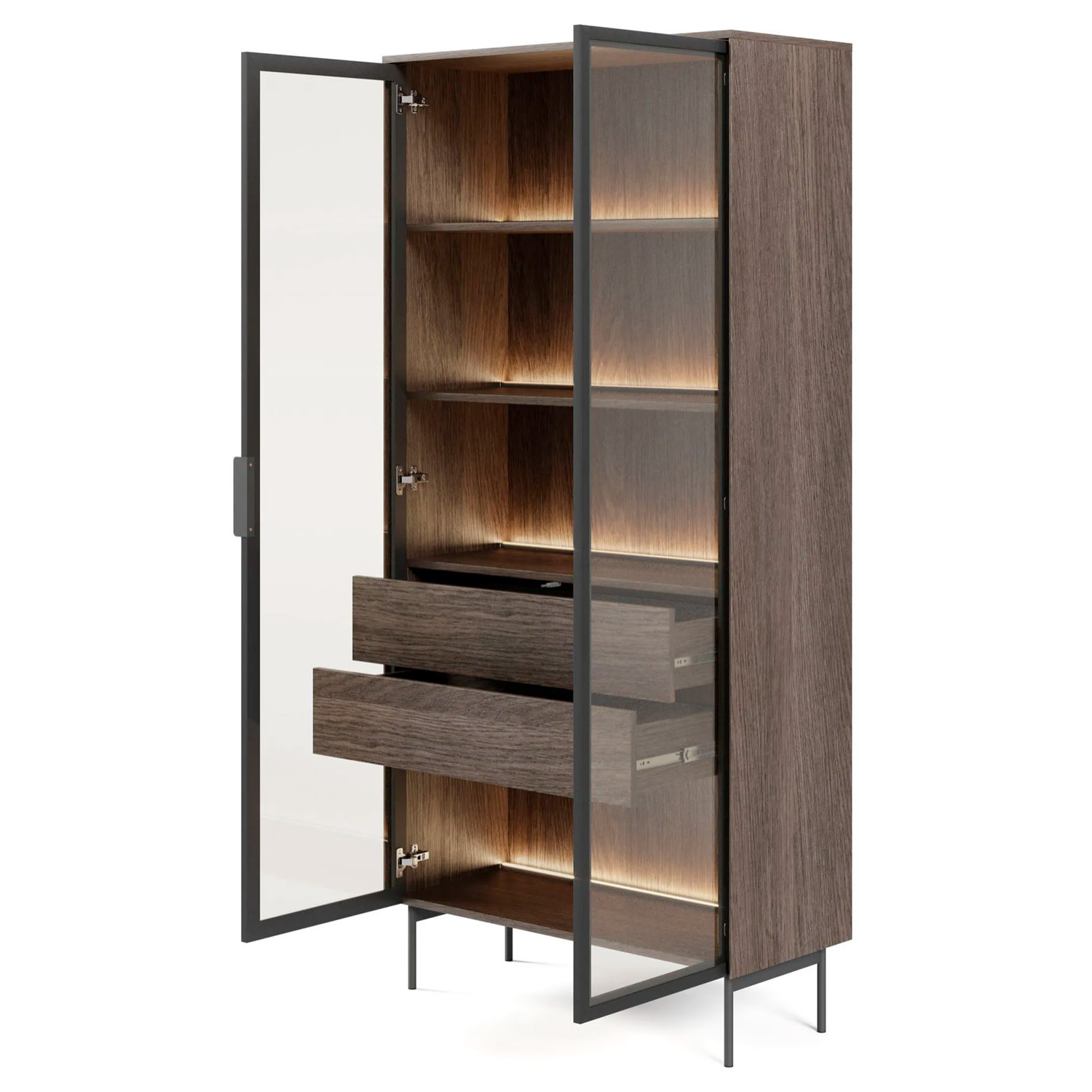 Vetrina Con 2 Ante In Vetro 3 Ripiani e 2 Cassetti Interni Design Moderno con Led Integrato 88.2 x 38 x 193.8 cm Rovere Scuro