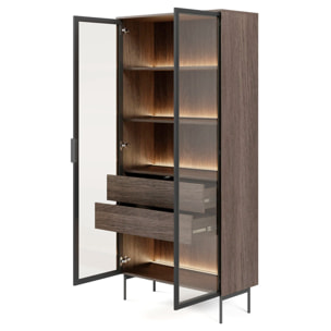 Vetrina Con 2 Ante In Vetro 3 Ripiani e 2 Cassetti Interni Design Moderno con Led Integrato 88.2 x 38 x 193.8 cm Rovere Scuro