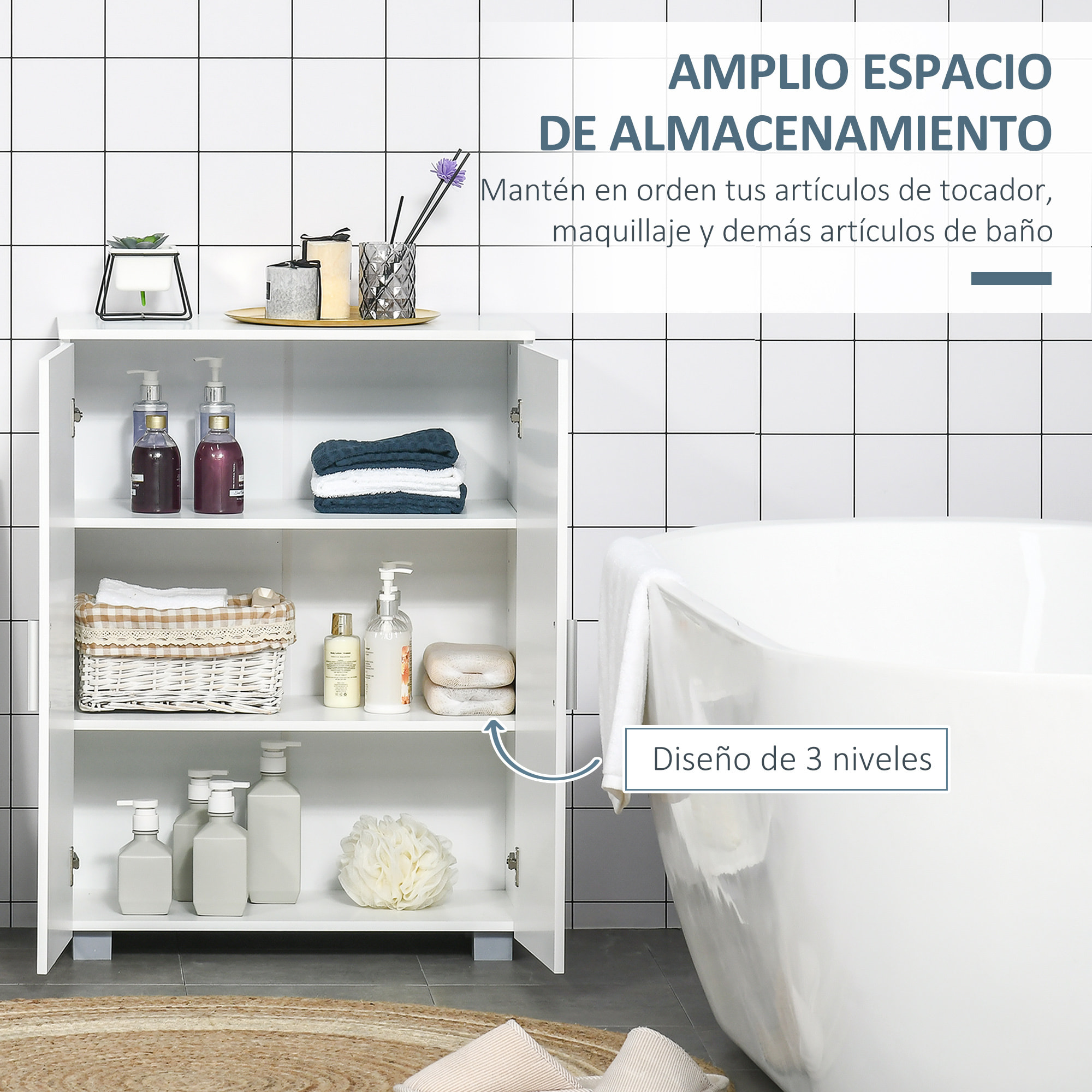 kleankin Armario de Baño con 2 Puertas y 2 Estantes Ajustables de 7 Niveles Mueble Auxiliar de Almacenaje para Salón Cocina Antivuelco 60x30x80 cm Blanco