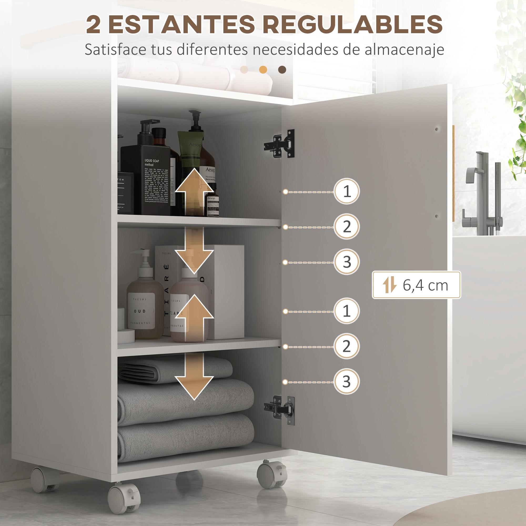 Armario de Baño Moderno Columna Auxiliar de Baño Mueble de Suelo de Baño con Estantes Ajustables Armario Bandeja Extraíble y Ruedas 40x30x88 cm Blanco y Roble