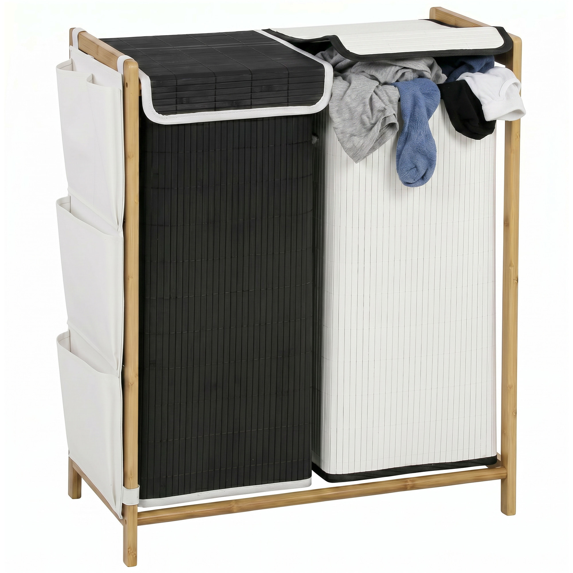 Cesto de Ropa Sucia con Tapa, 120L, Cesta de Ropa Sucia de Bambú con 2 Compartimentos, Bolsas Extraíbles y Lavables con Cordón, Bolsillos Laterales, para Lavandería, 63x33x78 cm, Blanco y Negro