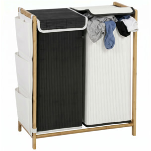Cesto de Ropa Sucia con Tapa, 120L, Cesta de Ropa Sucia de Bambú con 2 Compartimentos, Bolsas Extraíbles y Lavables con Cordón, Bolsillos Laterales, para Lavandería, 63x33x78 cm, Blanco y Negro