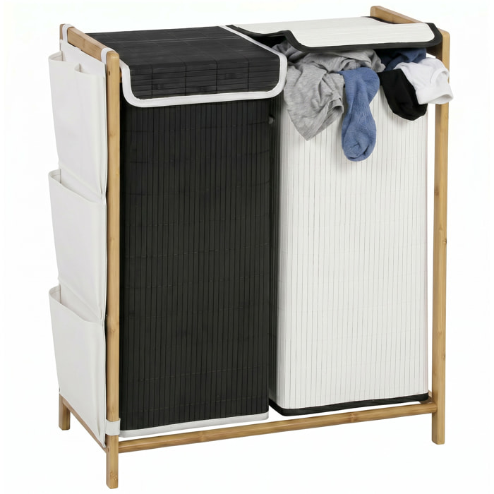 Cesto de Ropa Sucia con Tapa, 120L, Cesta de Ropa Sucia de Bambú con 2 Compartimentos, Bolsas Extraíbles y Lavables con Cordón, Bolsillos Laterales, para Lavandería, 63x33x78 cm, Blanco y Negro