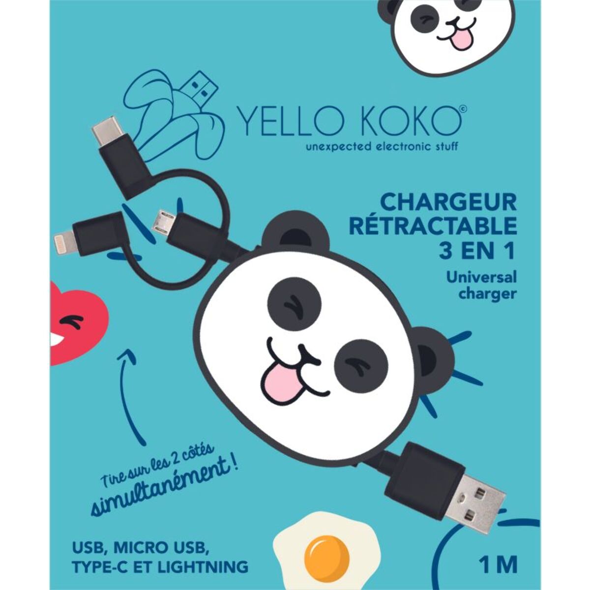 Câble trio YELLO KOKO USB vers USB-C/Micro/Ligthning 1M Panda