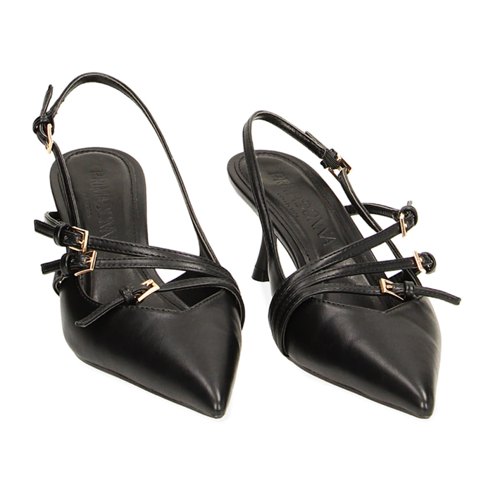 Décolleté slingback nere con fibbie, tacco 6 cm
