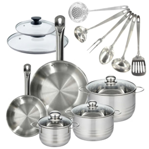 Set 2 poêles 20 et 28 cm en inox et couvercles, 3 faitouts inox 16, 20 et 24 cm et 6 ustensiles inox Fackelmann Eterna