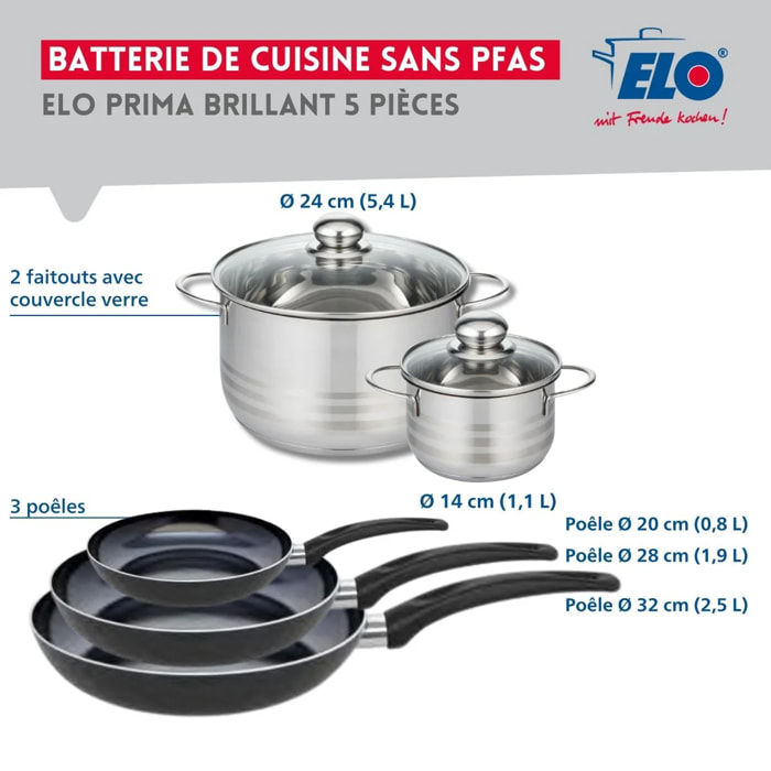 Ensemble de 3 Poêles de cuisson 20, 28 et 32 cm et 2 faitouts 14 et 24 cm Elo Prima Brillant