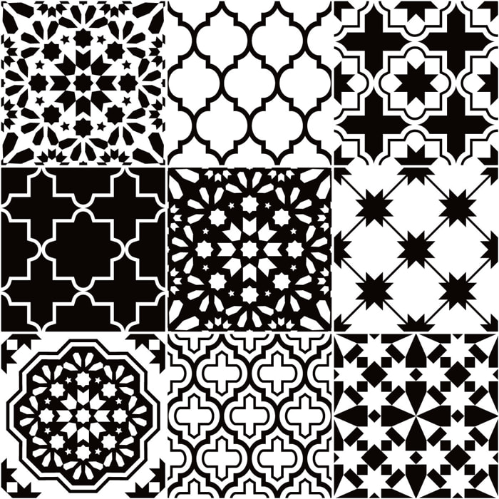 Stickers muraux - Sticker Mural Carrelage adhésif Cuisine Salle de Bain - 9 STICKERS CARRELAGES AZULEJOS CLASSIQUE NUANCE NOIR ET BLANC