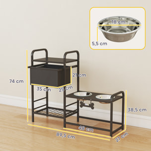 Comedero Perro Elevado con Cajón de Tela, Cuencos Elevados con 2 Cuencos de Acero Inoxidable 2x800 ml, Altura Ajustable, 2 Estantes, para Perros Pequeños y Medianos, Negro