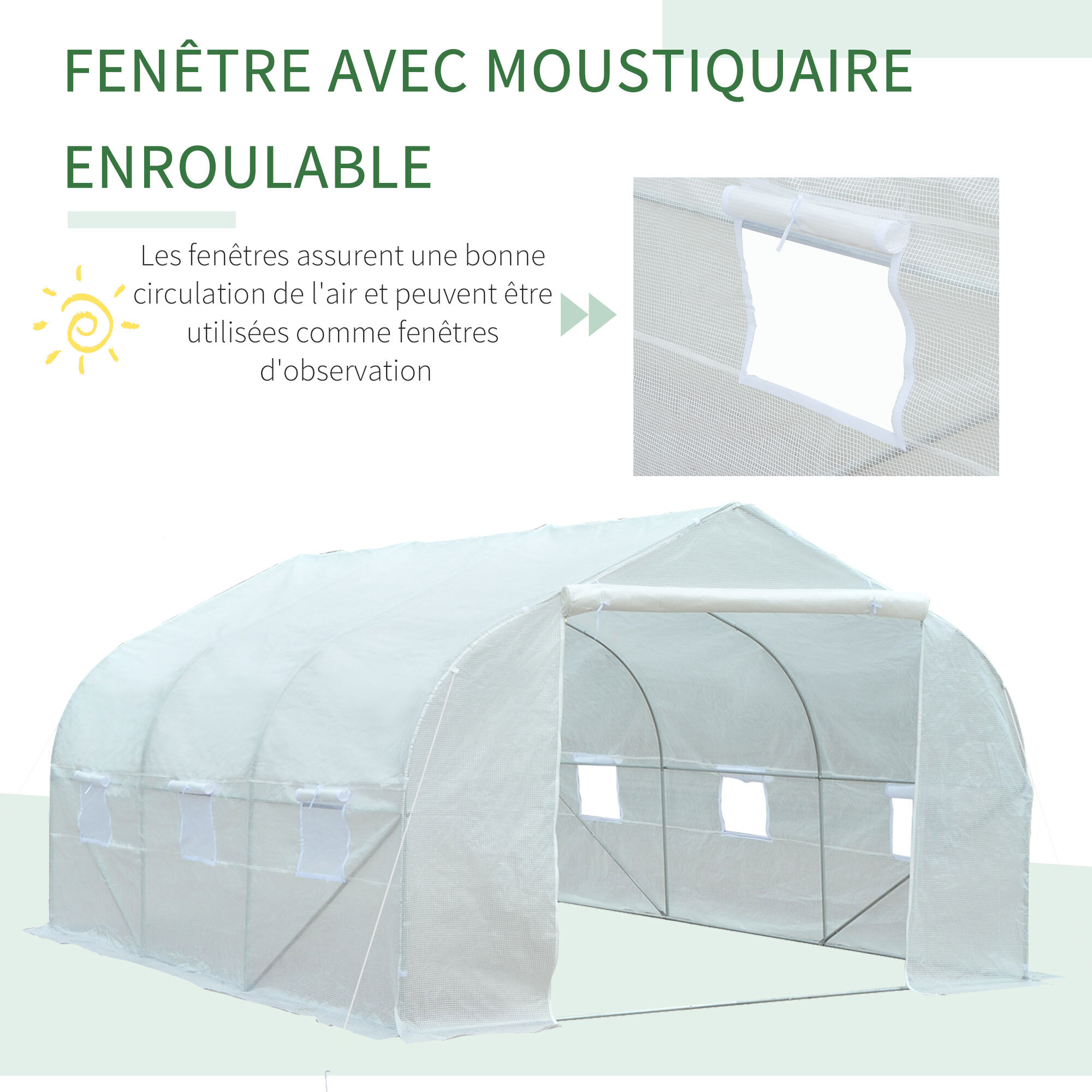 Serre tunnel de jardin dim. 4,45L x 2,99l x 2H m porte + 6 fenêtres enroulables acier galvanisé bâche PE haute densité blanc