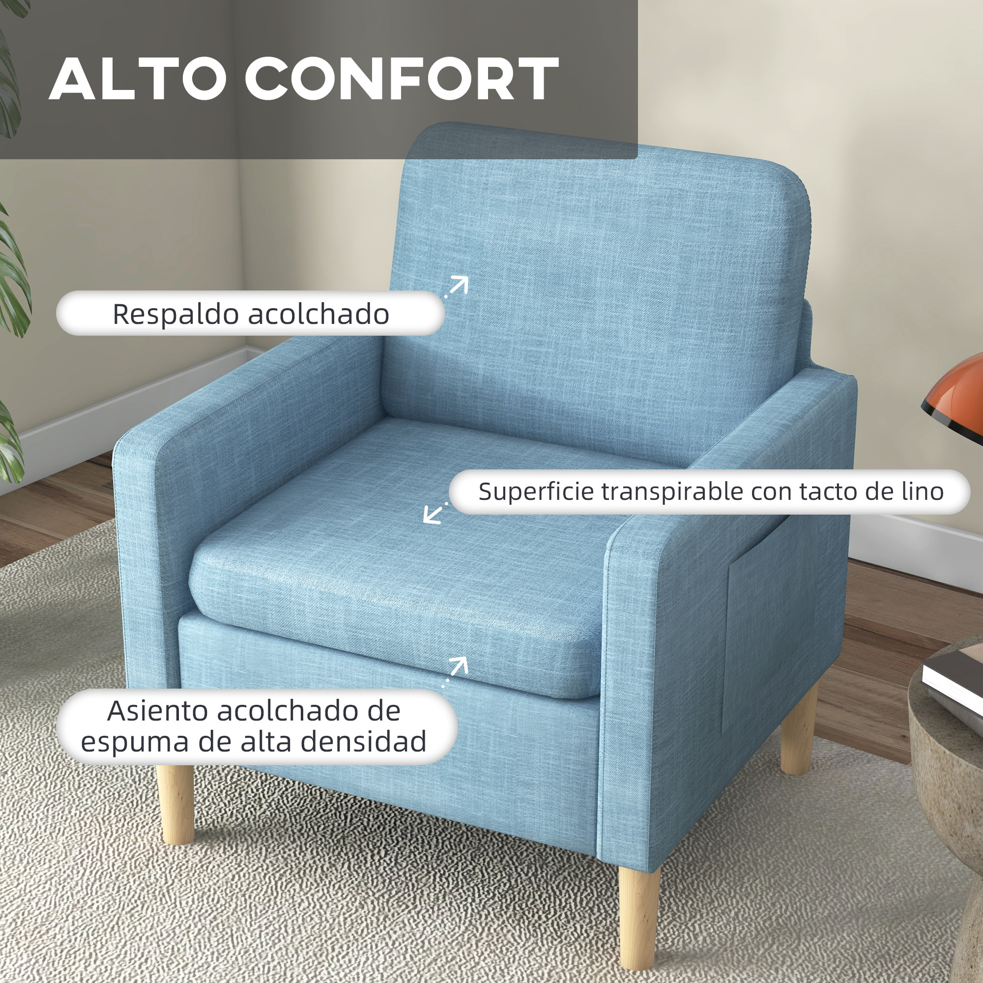 Butaca de Salón Sillón Relax con 2 Bolsillos Laterales Reposabrazos Asiento Acolchado y Patas de Madera Sofá Individual de Moderno para Dormitorio 73x79x87 cm Azul Claro