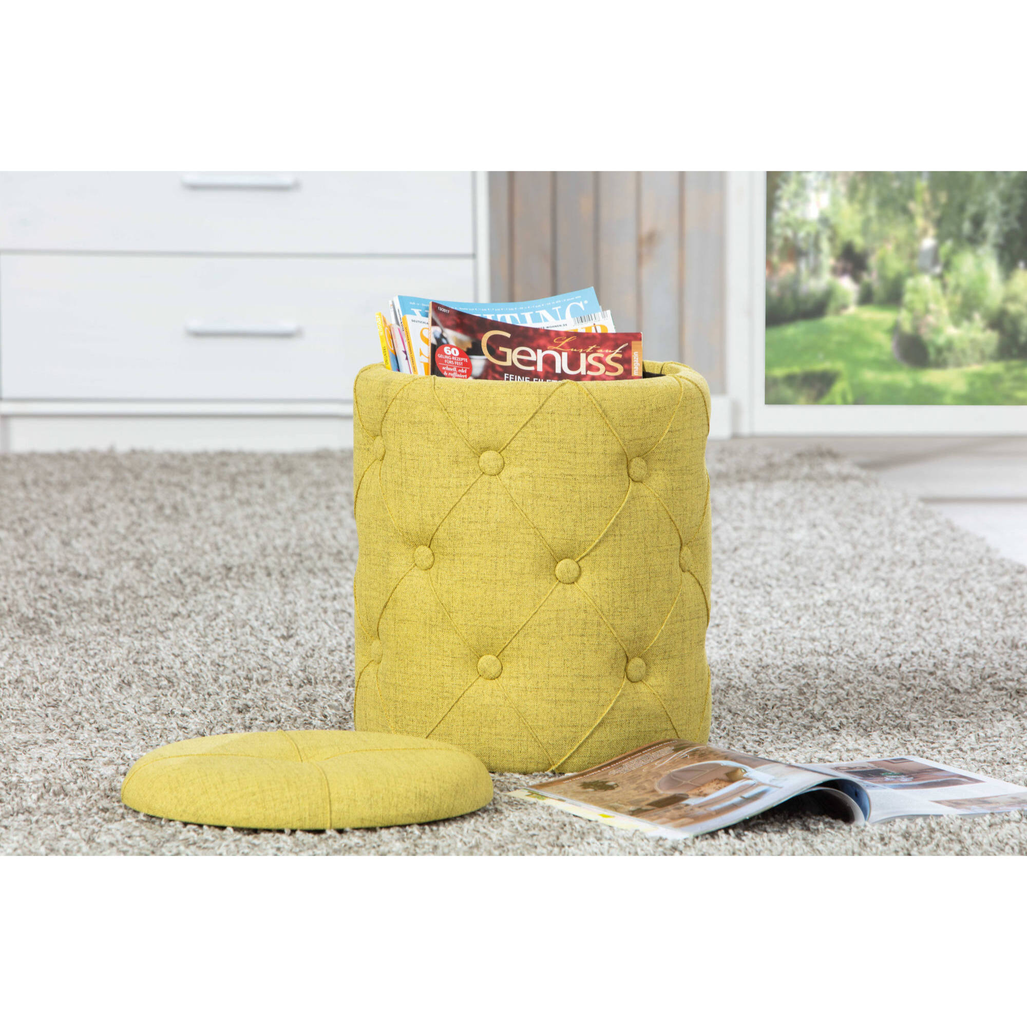 Pouf contenitore in tessuto giallo trapuntato, cm 34x34x40