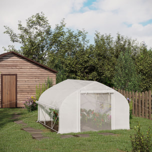 Serre de jardin tunnel 10,4 m² - 6 fenêtres et porte zippée avec moustiquaires - acier galvanisé PE blanc
