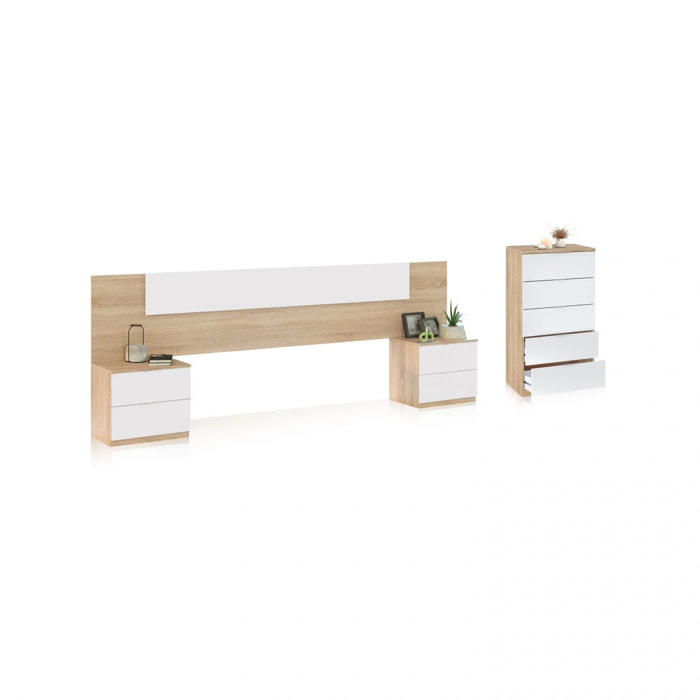Dormitorio compuesto por 4 piezas en blanco artik y roble canadian Akari 5C Blanco Artik (Blanco Mate) - Roble Canadian