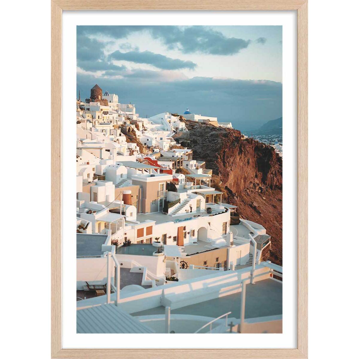 Poster photo paysage les cyclades ""santorini"" Affiche + cadre en bois - Chêne